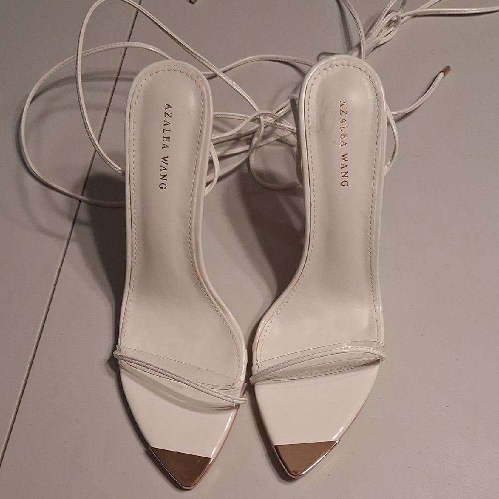 Azalea Wang Lace Up Pointed-Toe Stiletto Heels White With Gold Toe  Size 10